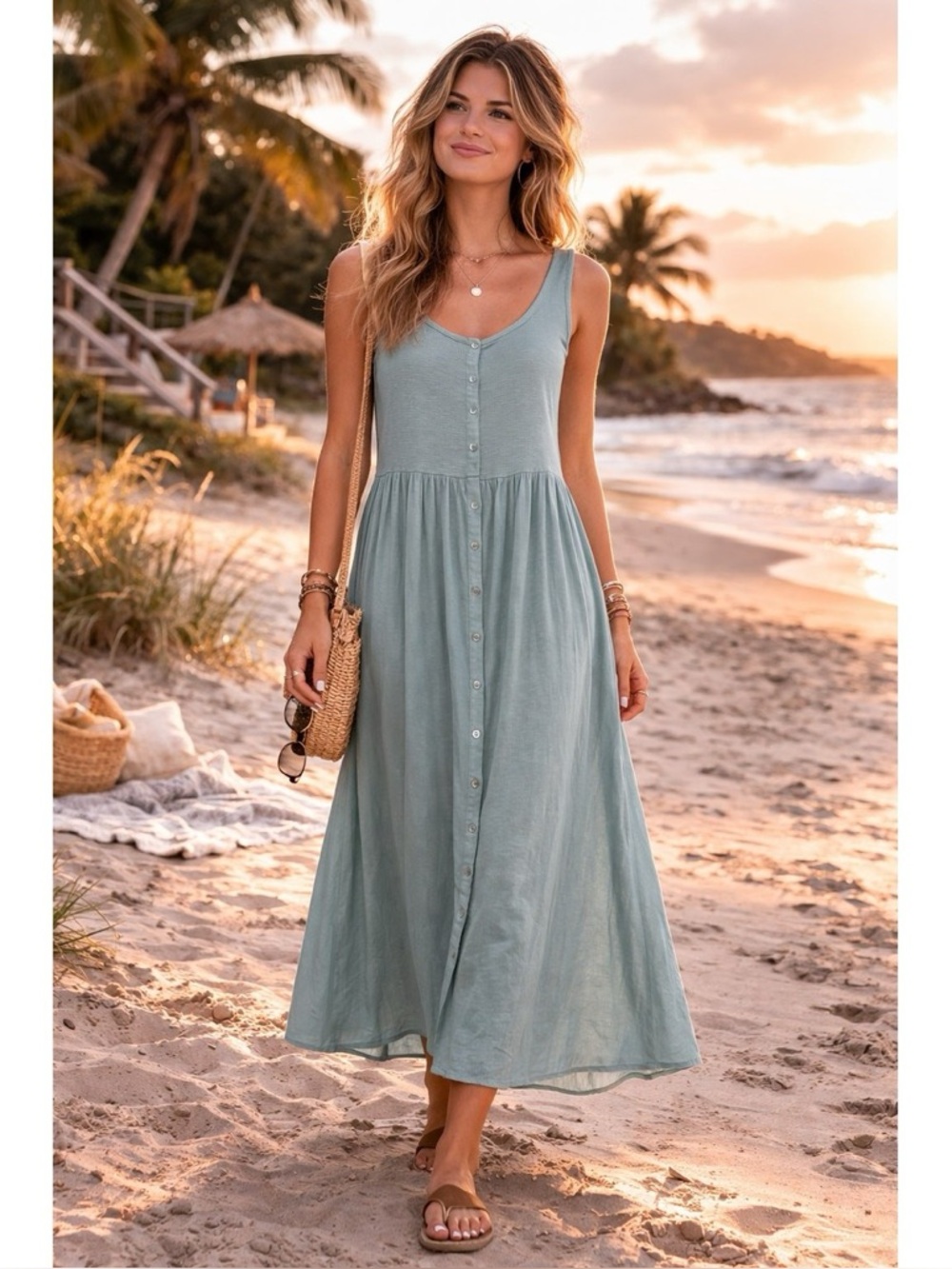 Frye Button Front Easy Midi Dress Sage Green Size XXL